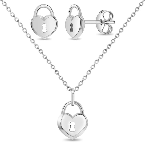 925 Sterling Silver Polished Hearts Necklace Jewelry Set For Young Girls