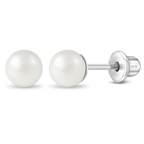 Classic Pearl White 3-5mm Baby / Toddler / Kids Earrings Screw Back -  Sterling Silver