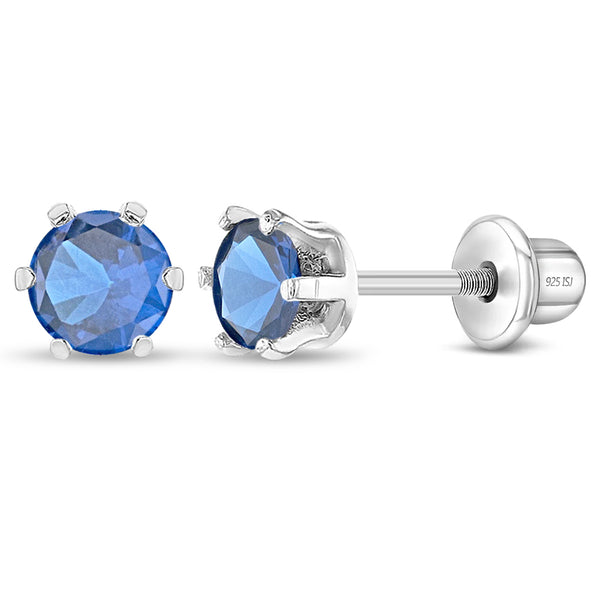 Sterling Silver Screw Back Earrings - Flower with Blue Coloured