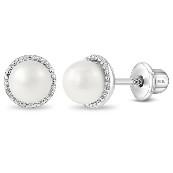 Sophisticated Pearl 7mm Baby / Toddler / Kids Earrings Screw Back - St