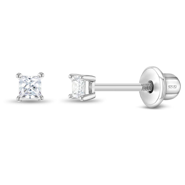 Baby Girls' My First Princess Solitaire Screw Back Sterling Silver Earrings - 2mm - in Season Jewelry