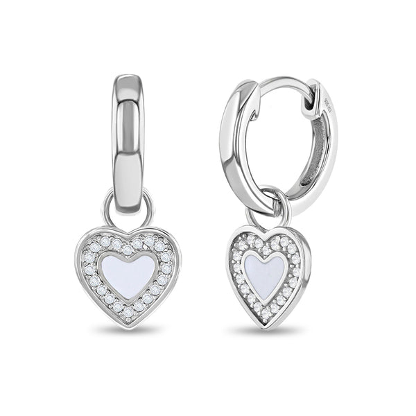 CZ Heart Dangle 9mm Kids / Children's / Girls Earrings Hoop/Huggie Enamel  Safety Latch - Sterling Silver