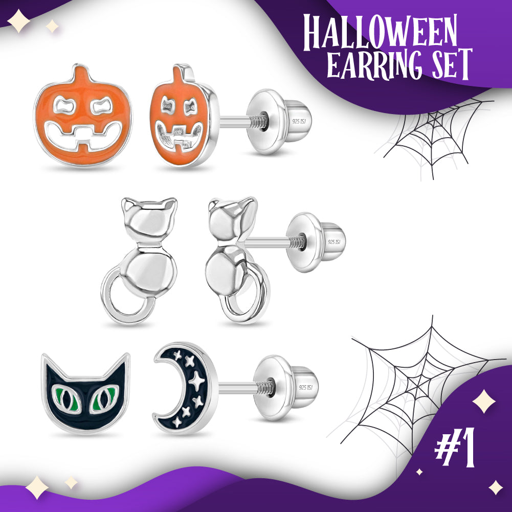 Halloween Trio Kids / Children's / Girls Earrings Screw Back Set Enamel - Sterling Silver