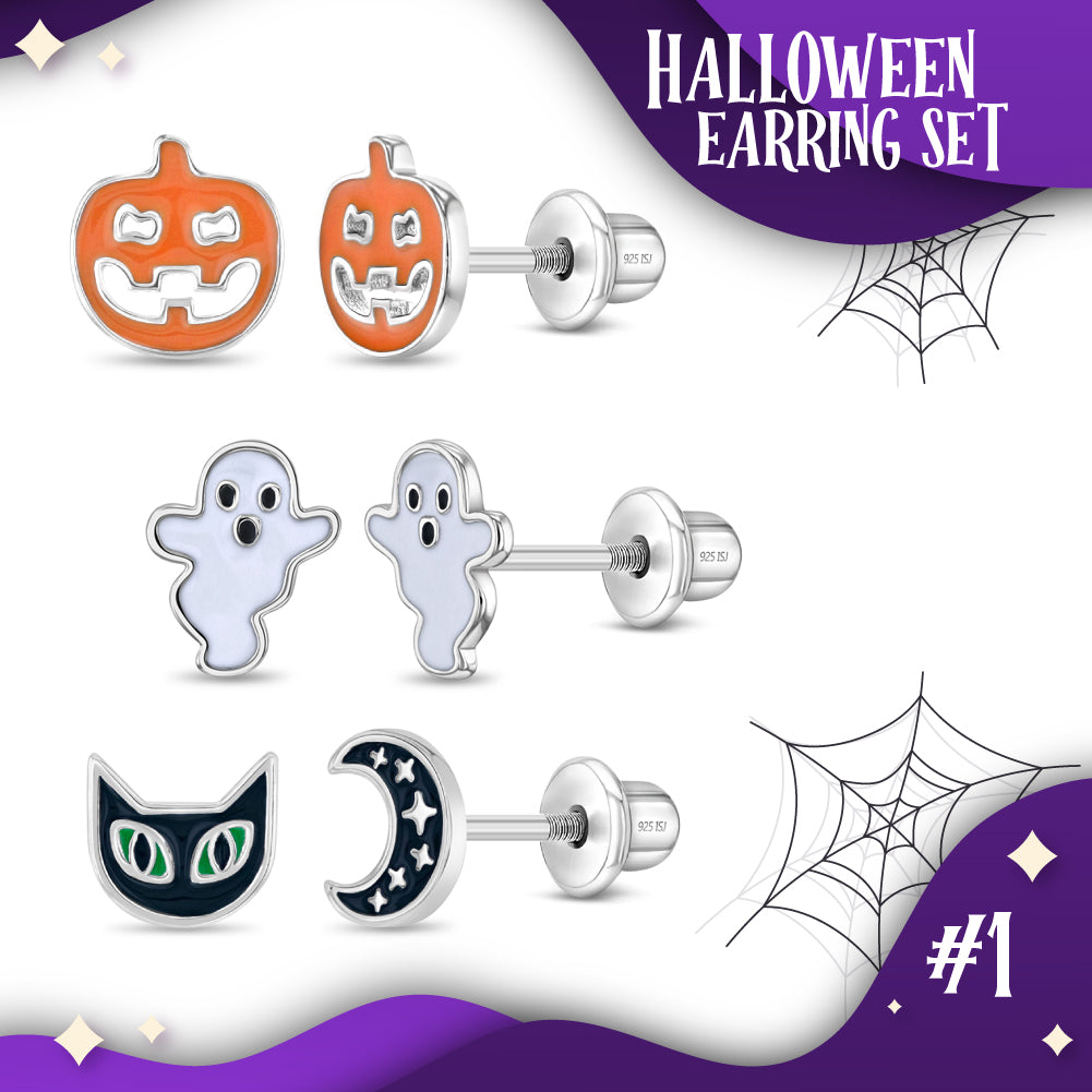 Halloween Trio Kids / Children's / Girls Earrings Screw Back Set Enamel - Sterling Silver