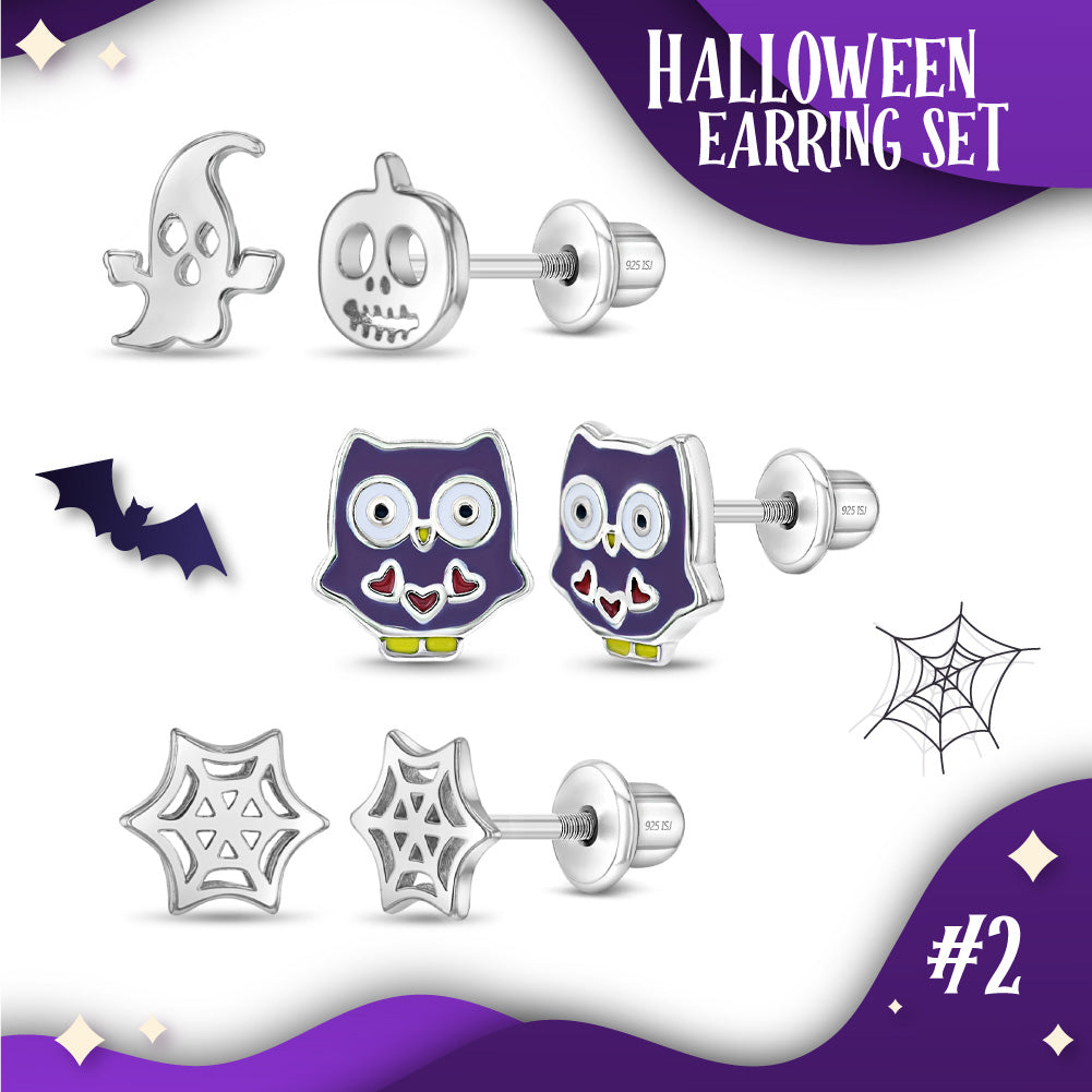 Frightening Delights Kids / Children's / Girls Earrings Screw Back Set Enamel - Sterling Silver