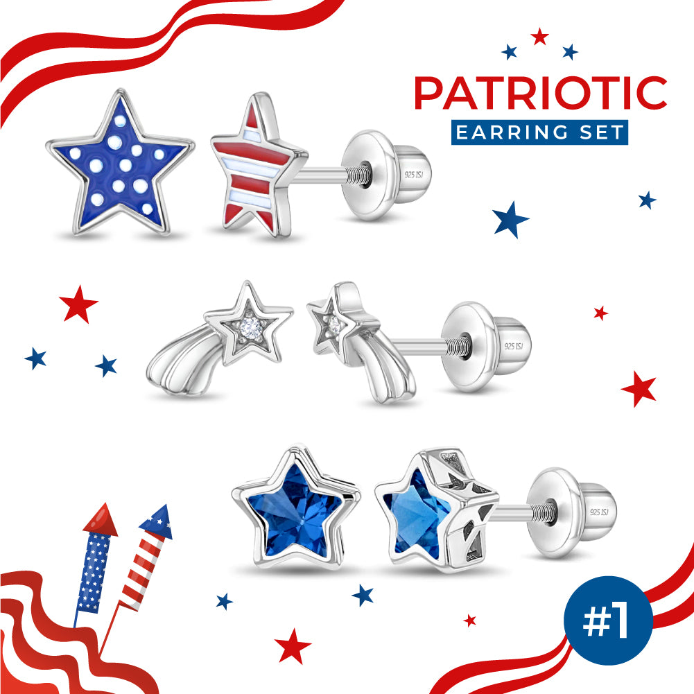 Patriotic Star Trio Kids / Girls Earrings Screw Back Set - Sterling Silver