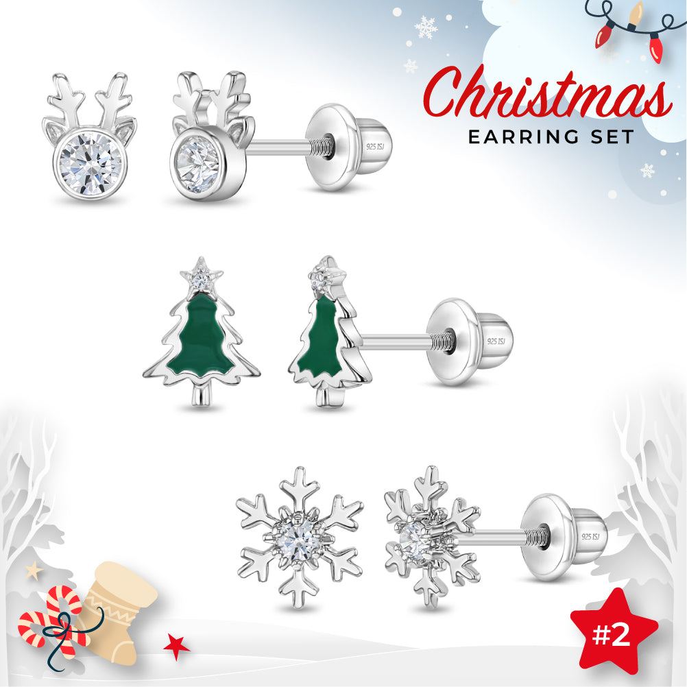 Christmas Magic Kids / Girls Earrings Screw Back Set - Sterling Silver