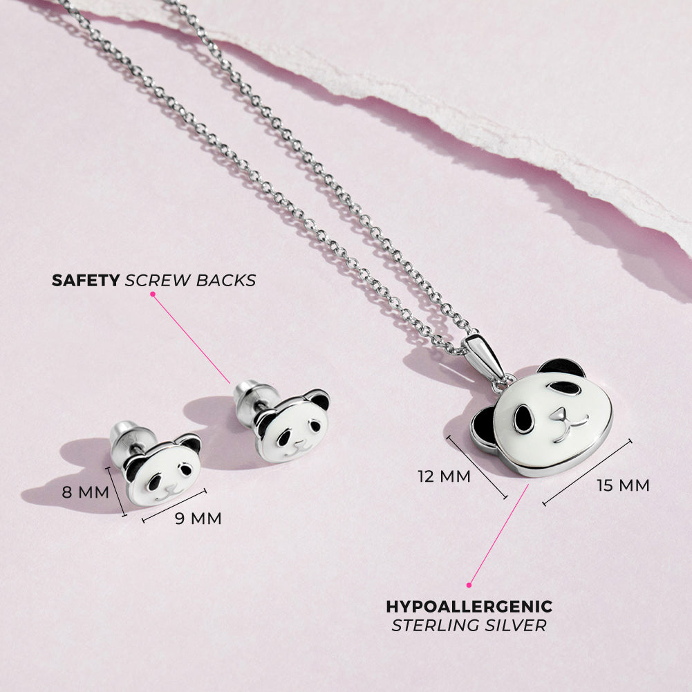 925 Sterling Silver White & Black Enamel Panda Bear Jewelry Set for Children & Teens