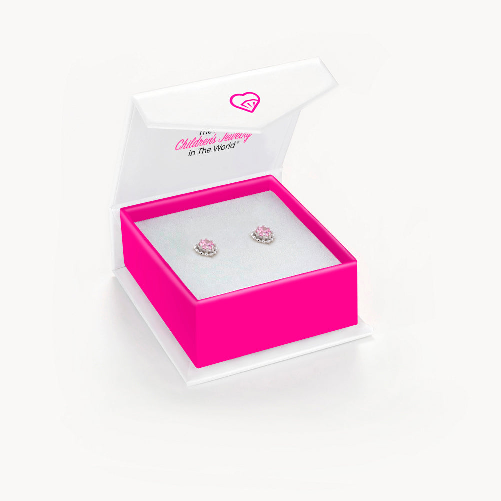 Girls' CZ Cluster Flower Screw Back Sterling Silver Earrings - Clear & Fuchsia - in Season Jewelry