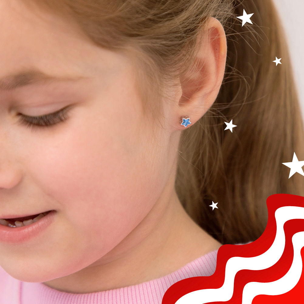 Patriotic Star Trio Kids / Girls Earrings Screw Back Set - Sterling Silver