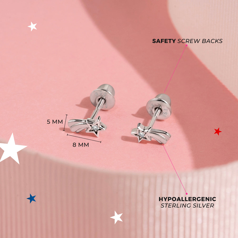 Patriotic Star Trio Kids / Girls Earrings Screw Back Set - Sterling Silver