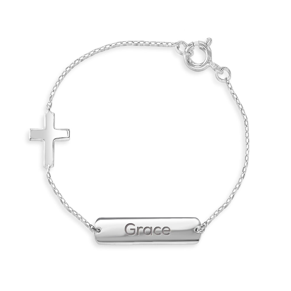 Diamond Cross, Christening/Baptism Baby/Children's Beaded Bracelet for  Girls (INCLUDES Engraved Charm) - Sterling Silver