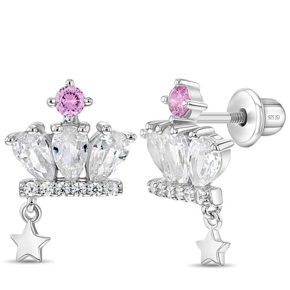 925 Sterling Silver Screw Back Pink Clear CZ Heart Dangle Earrings for Girls, Girl's, Size: One Size