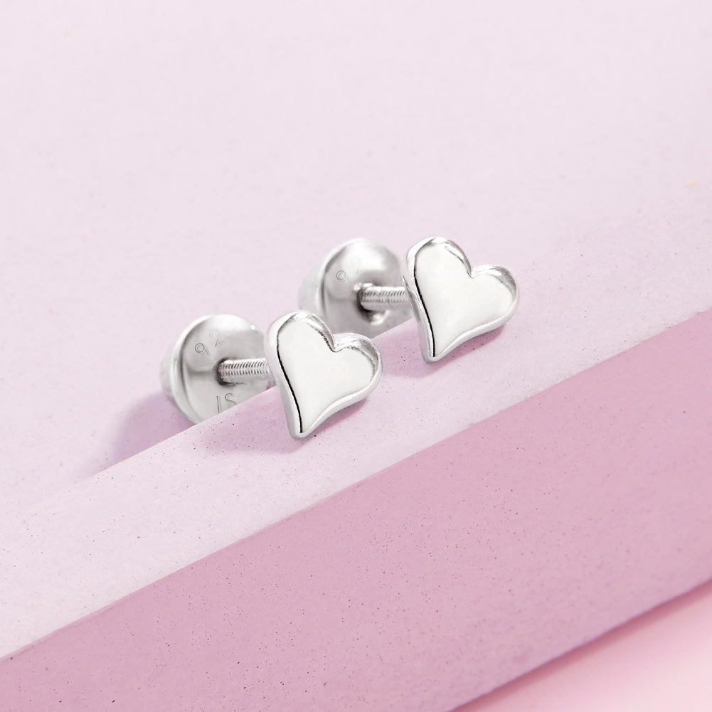 Classic Polished Heart Baby / Toddler / Kids Earrings Screw Back - Sterling Silver