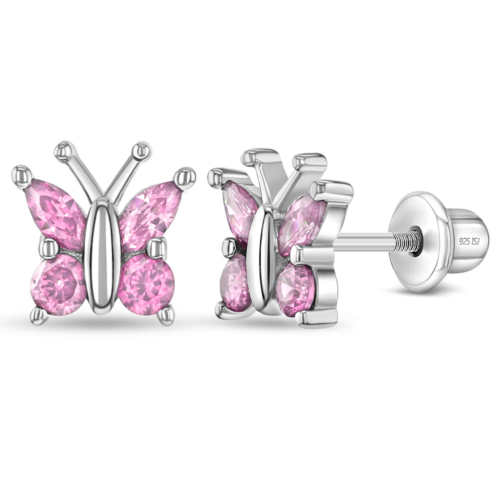 925 Sterling Silver Baby Earrings Screw Back Clear Pink CZ Flower Girls Kids, Infant Girl's, Size: One Size