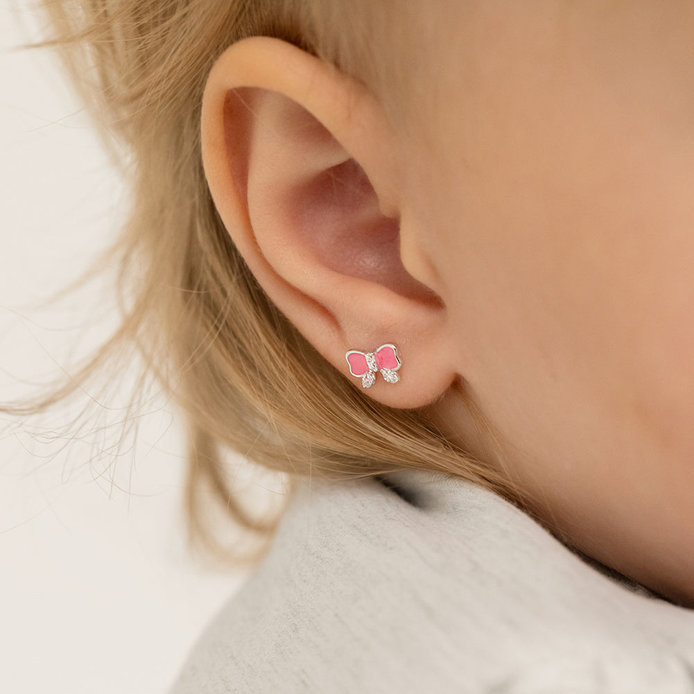 Pink Flower Sterling Silver Baby Children Screw Back Earrings