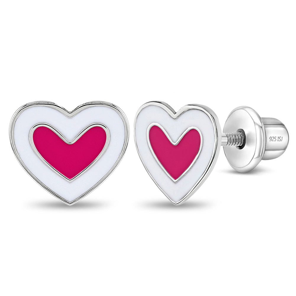 925 Sterling Silver Pink & White Enamel Cute Heart Jewelry Set for Children & Preteens