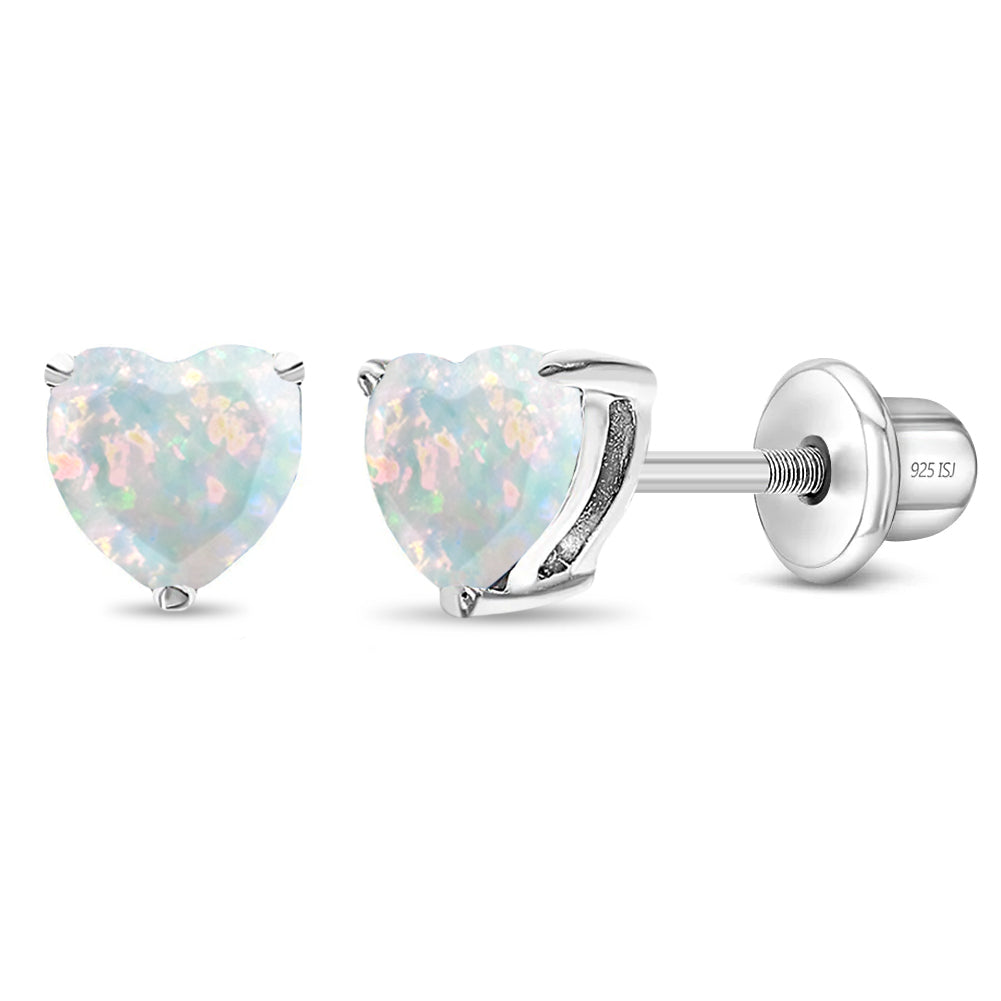 Opal Heart Kids / Children's / Girls Earrings Screw Back - Sterling Silver