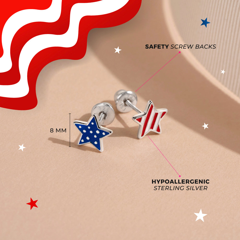 Patriotic Star Trio Kids / Girls Earrings Screw Back Set - Sterling Silver