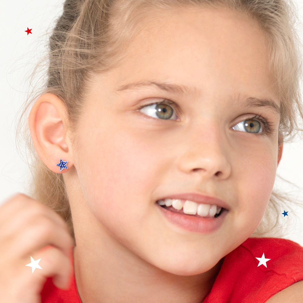 Patriotic Stars Kids / Children's / Girls Earrings Screw Back Enamel - Sterling Silver