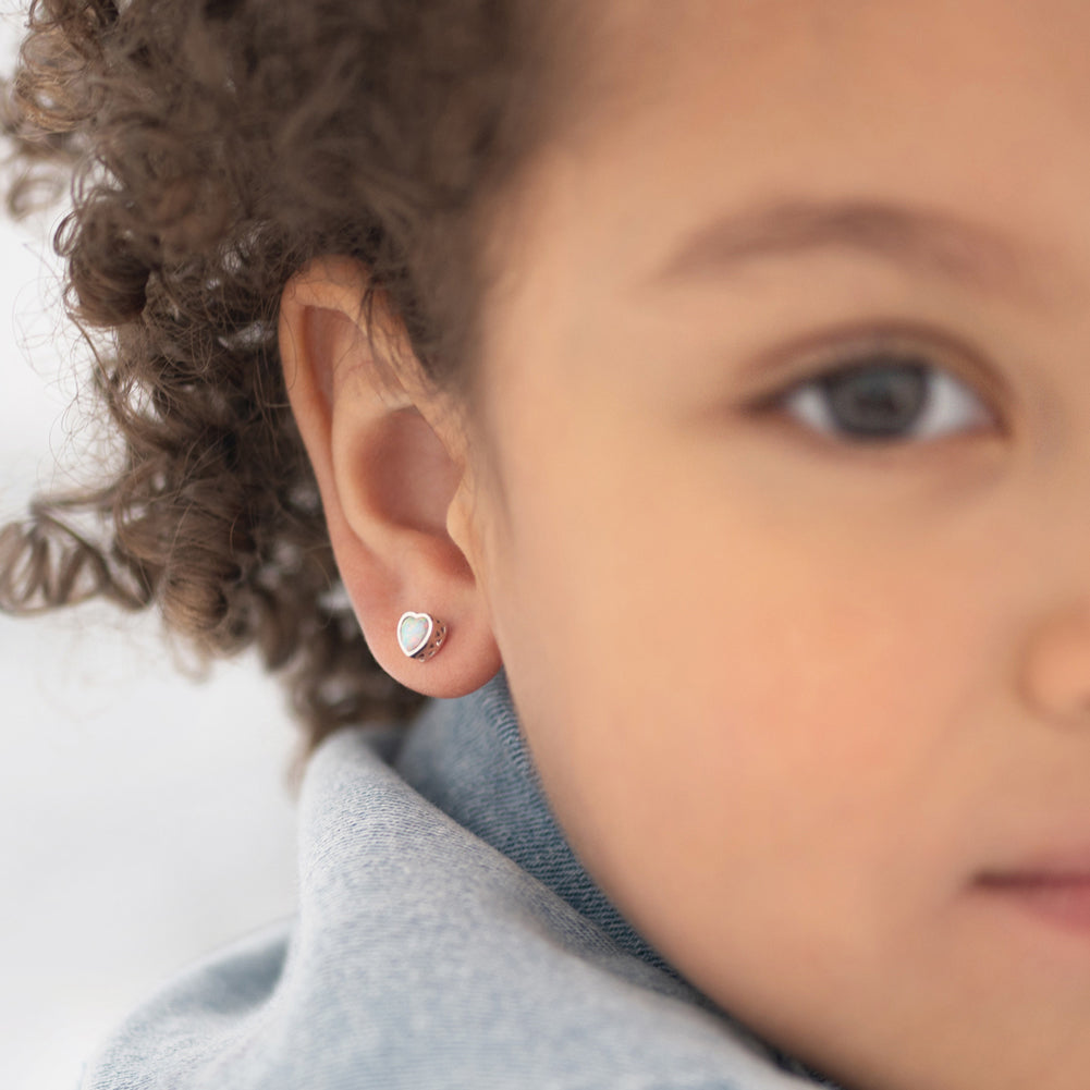 Opal Birthstone Heart Baby / Toddler / Kids Earrings Screw Back - Sterling Silver
