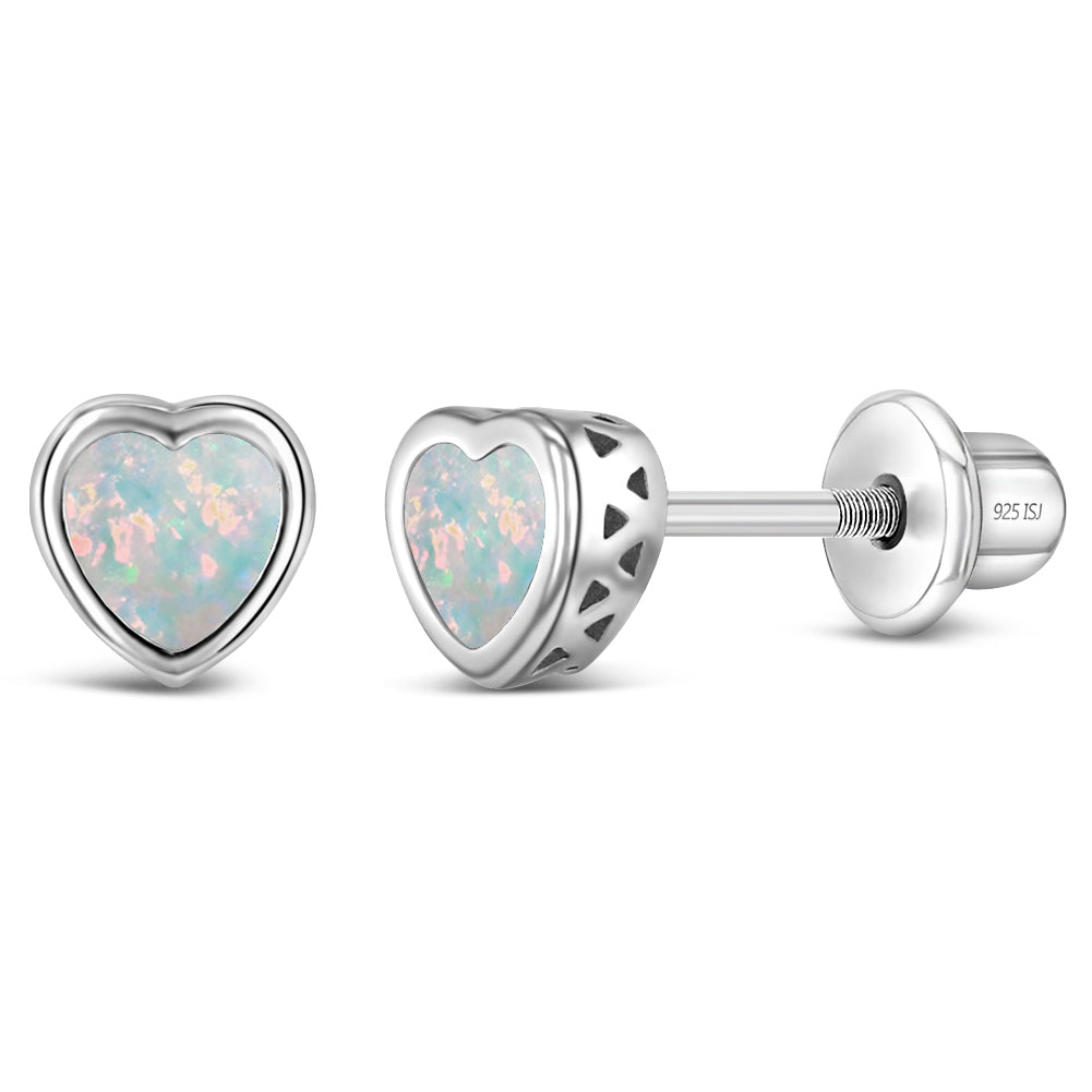 Opal Birthstone Heart Baby / Toddler / Kids Earrings Screw Back - Sterling Silver