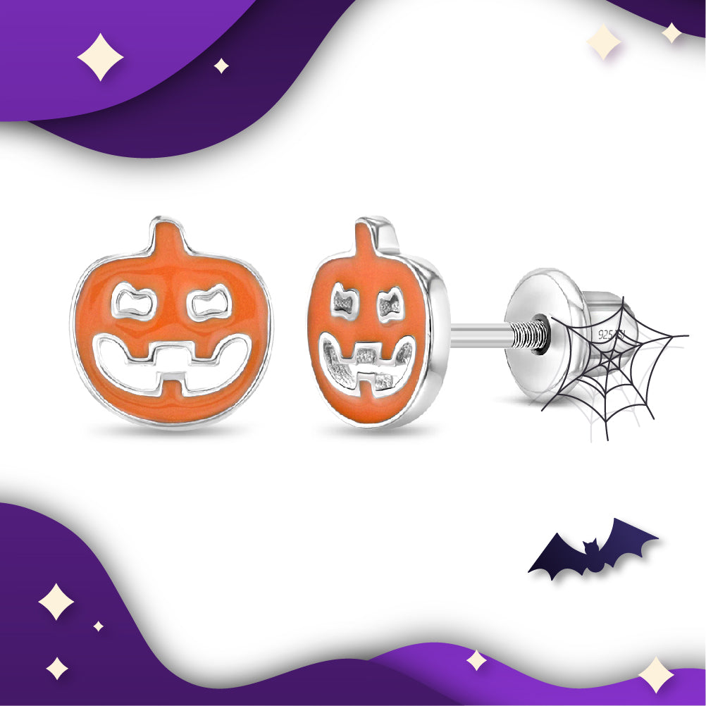 Pumpkin Kids / Children's / Girls Earrings Screw Back Enamel - Sterling Silver