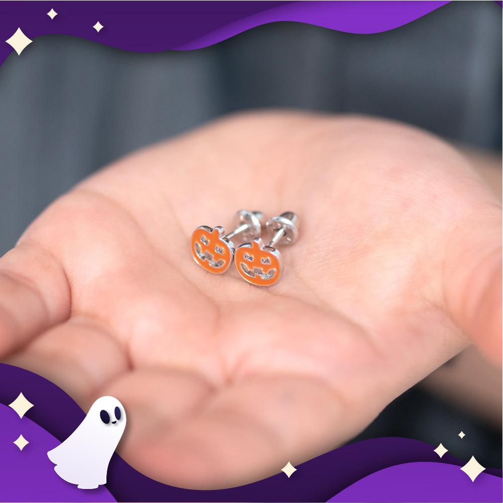 Pumpkin Kids / Children's / Girls Earrings Screw Back Enamel - Sterling Silver