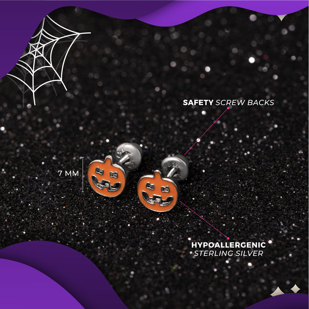 Pumpkin Kids / Children's / Girls Earrings Screw Back Enamel - Sterling Silver