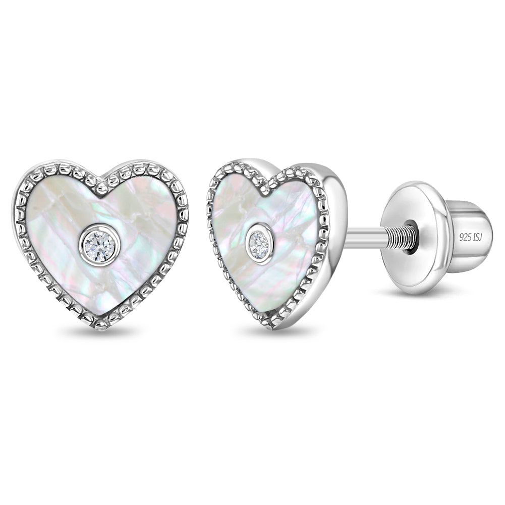 Simulated Pearl Heart With CZ Kids / Children's / Girls Earrings Screw Back - Sterling Silver
