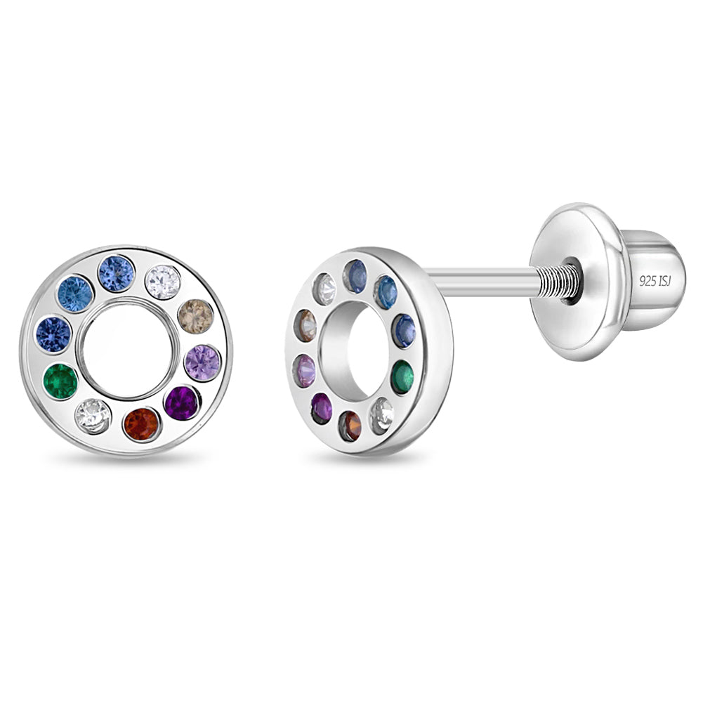 Multicolored Round Kids / Children's / Girls Earrings Screw Back - Sterling Silver