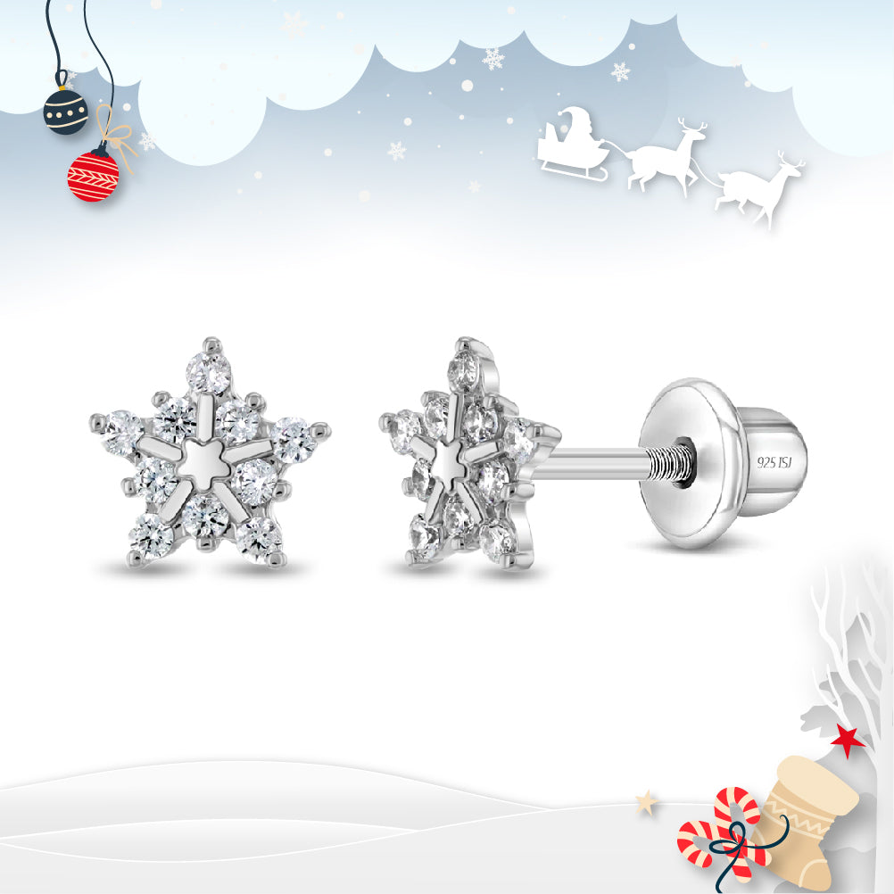 Twinkling Snowflake Kids / Children's / Girls Earrings Screw Back - Sterling Silver