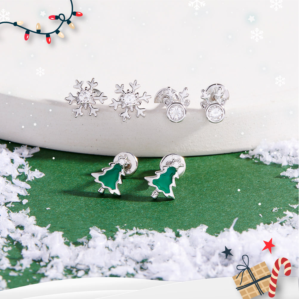 Evergreen Christmas Tree Kids / Children's / Girls Earrings Screw Back - Sterling Silver