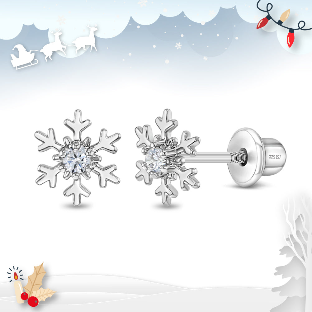 Icy Snowflake Kids / Children's / Girls Earrings Screw Back - Sterling Silver