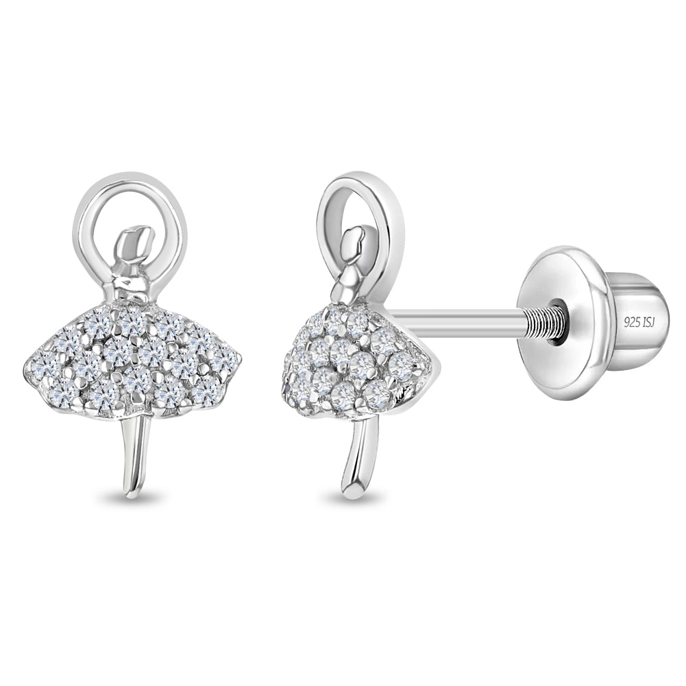 Twirling Ballerina Kids / Children's / Girls Earrings Screw Back - Sterling Silver