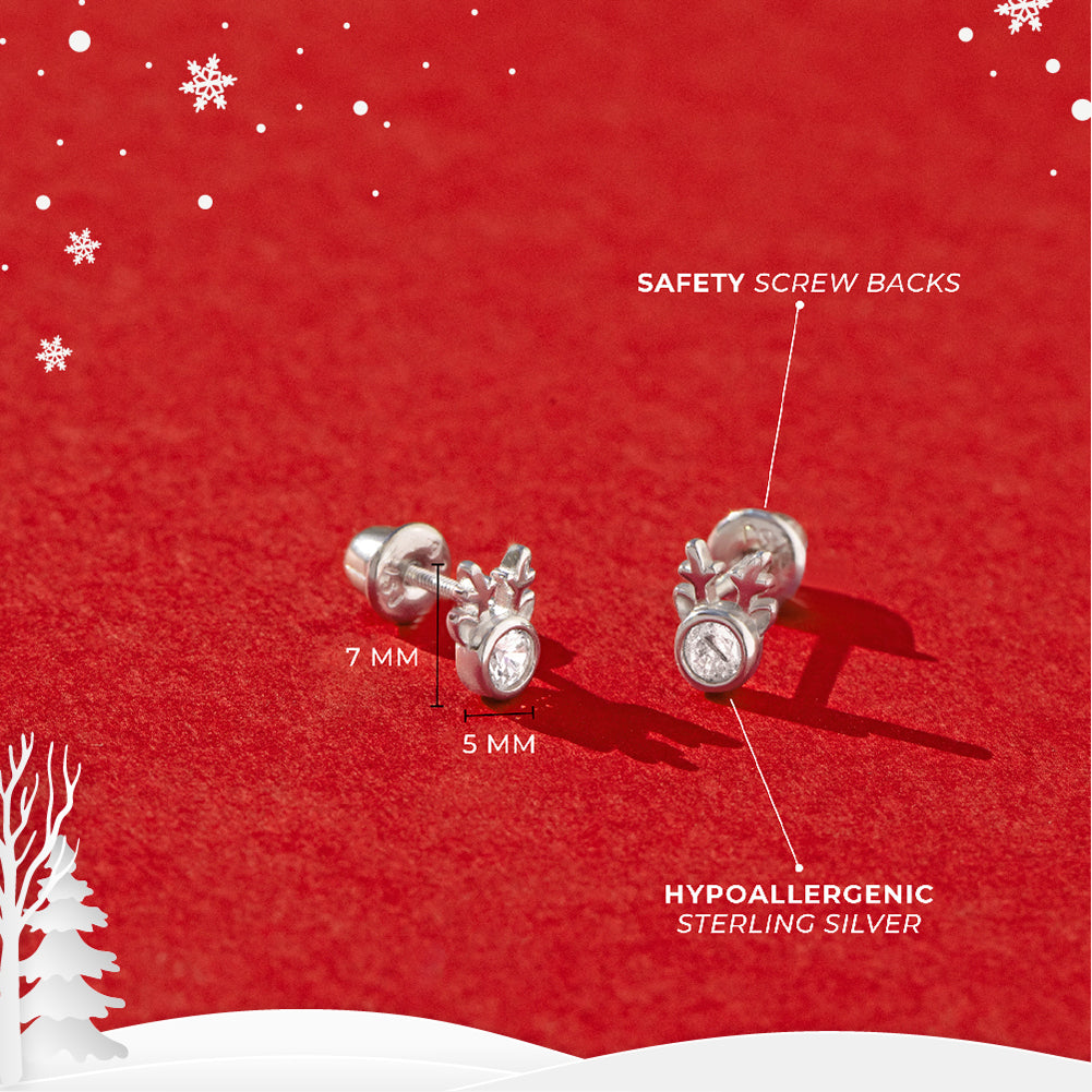 Holiday Reindeer Kids / Children's / Girls Earrings Screw Back - Sterling Silver