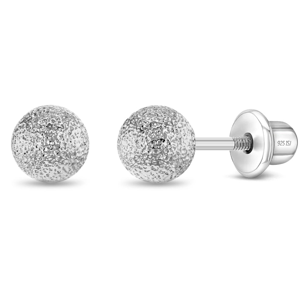 Glitzy Round Kids / Children's / Girls Earrings Screw Back - Sterling Silver