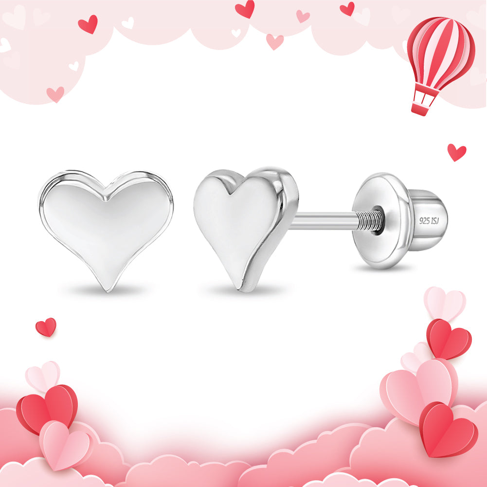 Classic Polished Heart Baby / Toddler / Kids Earrings Screw Back - Sterling Silver