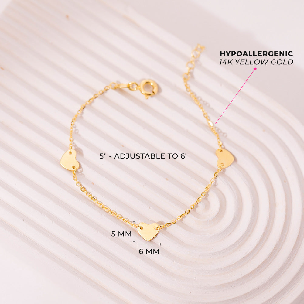 14k Gold Plated Brass Baby ID Plain Heart Rolo Link Chain Girls 6.5  Adjustable Tag Bracelet