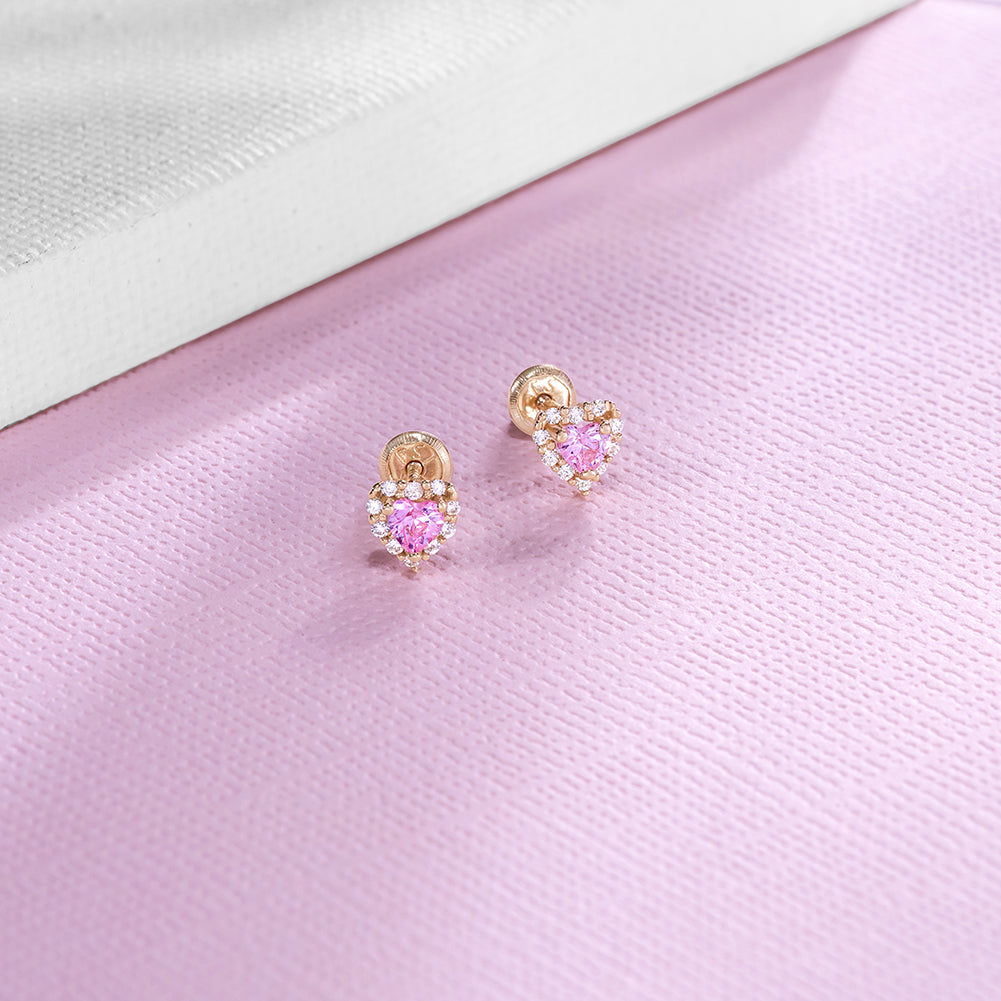 Baby Girls' Pink 4 Prong CZ Solitaire Screw Back 14K Gold Earrings - 2mm - in Season Jewelry