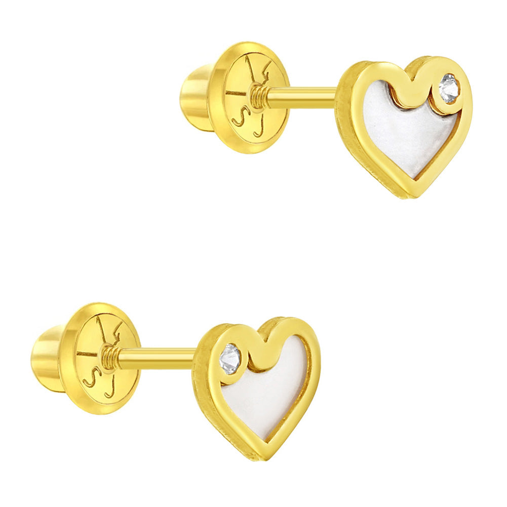Girls' Mother of Pearl Heart Screw Back 14K Gold Earrings - in Season Jewelry