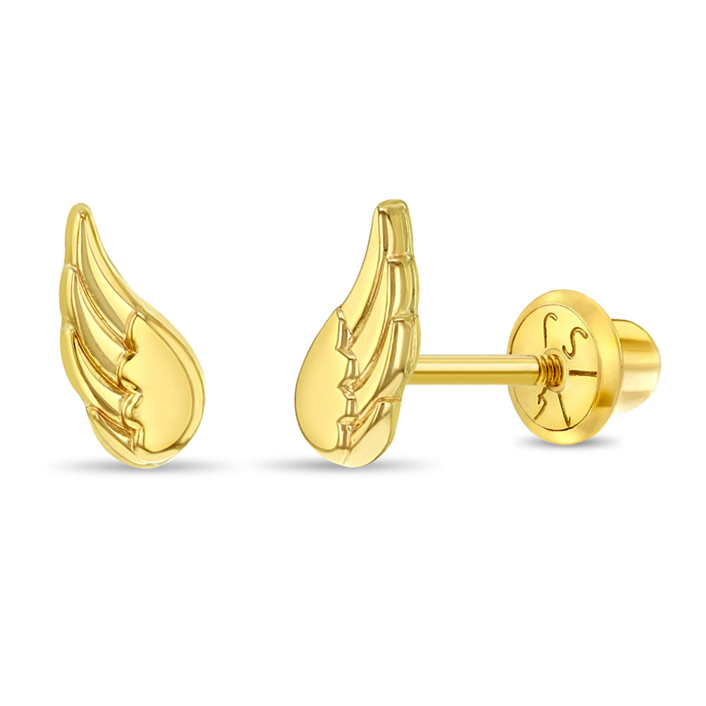 14k Gold Angel Wings Girls / Teen Earrings Safety Screw Back