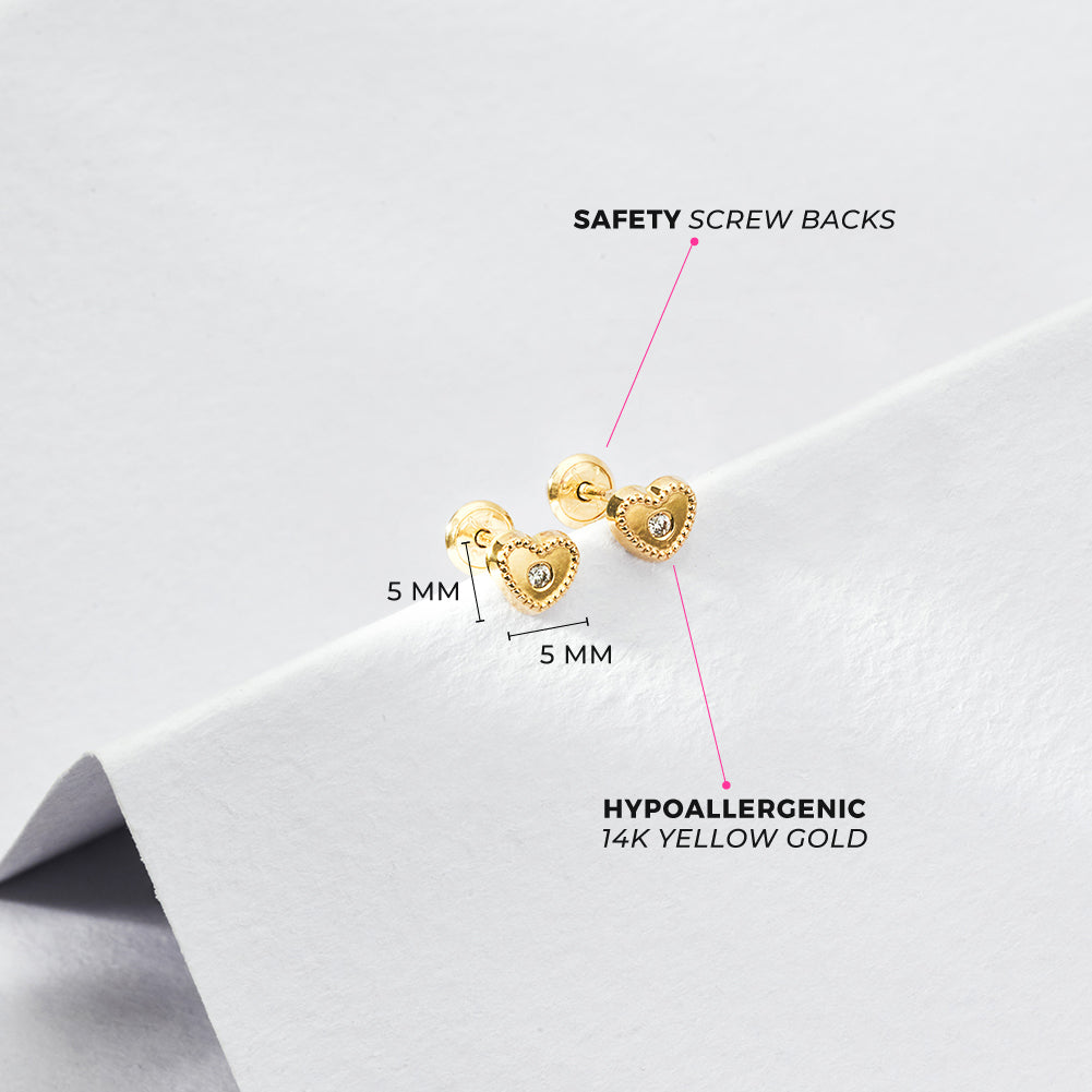 14k White Gold 5mm Clear Cubic Zirconia Heart Screw Back Stud Earrings for  Baby Girls