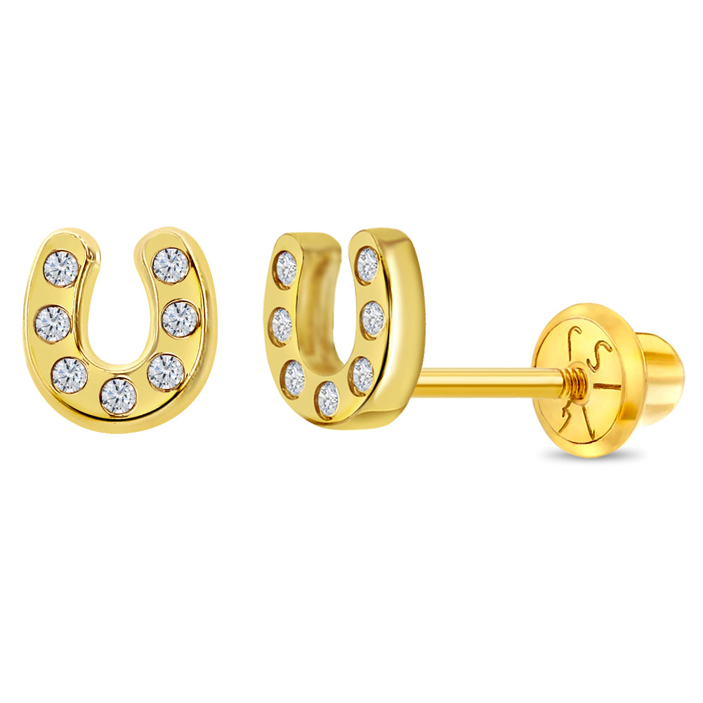 14k Gold Horseshoe Clear CZ Kids / Children's / Girls Earrings Safety Screw Back