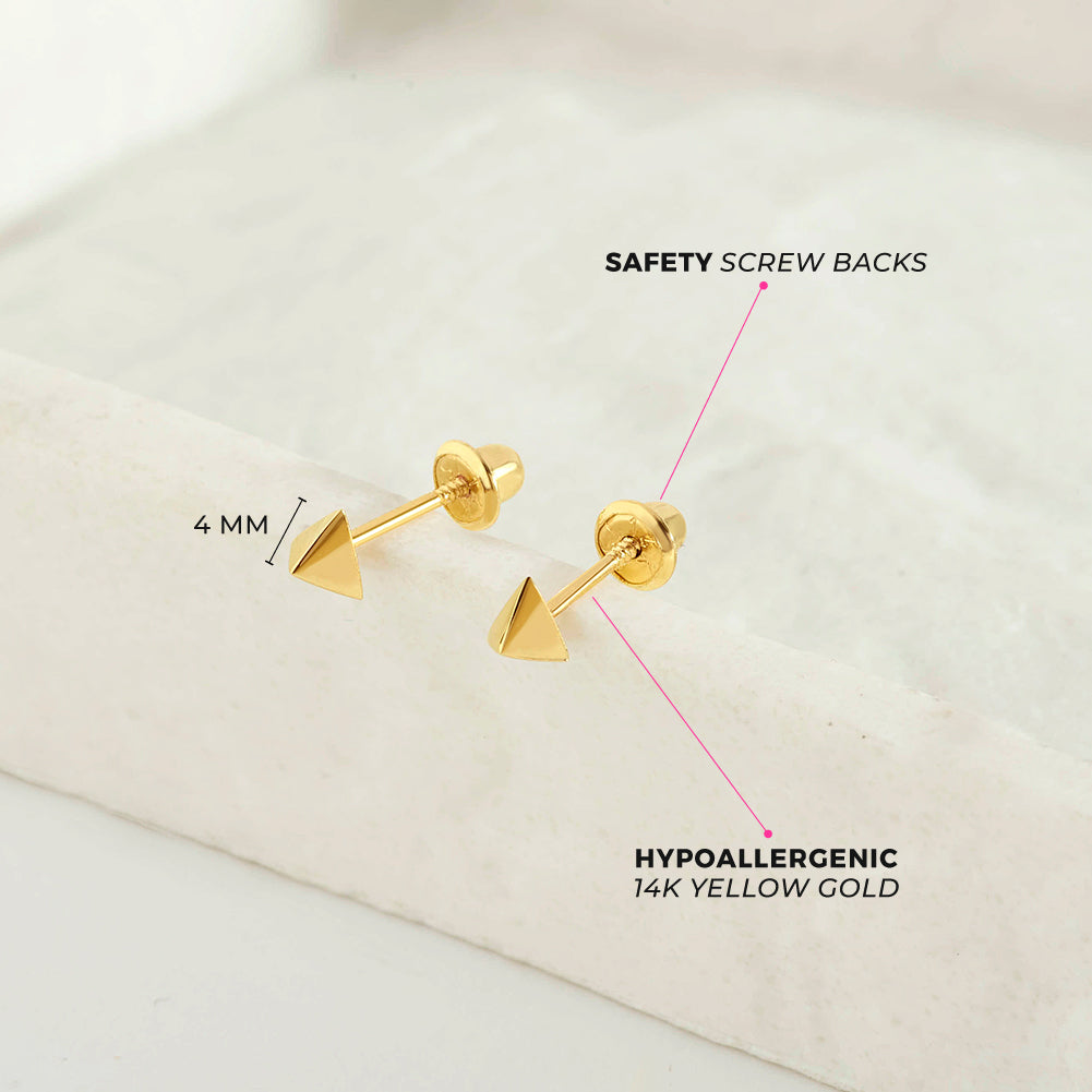 14k Gold Tiny Triangle Kids / Children's / Girls Earrings Safety Screw Back