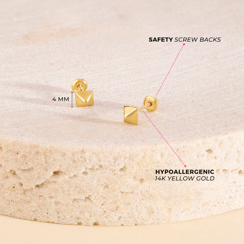 14k Gold Dainty Pyramid Kids / Children's / Girls Earrings Safety Screw Back