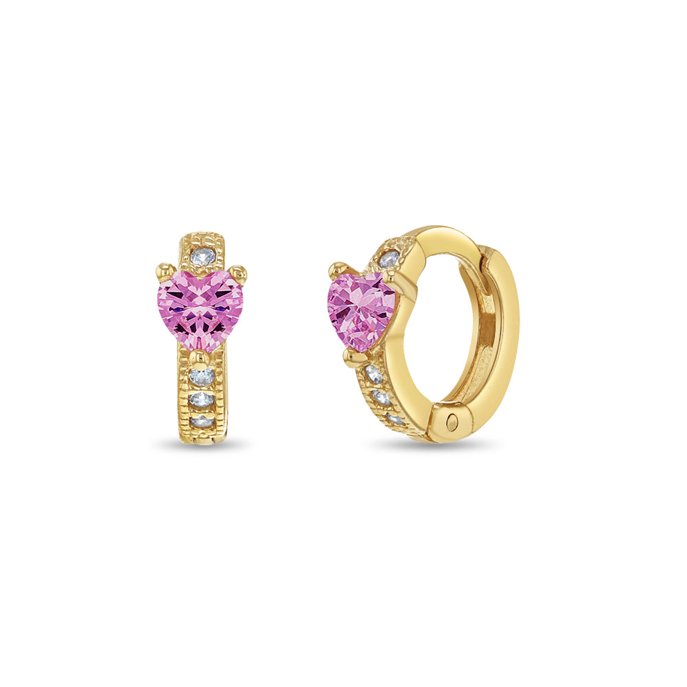 14k Gold Pink Cubic Zirconia Heart Kids / Children's / Girls Hoop Earrings