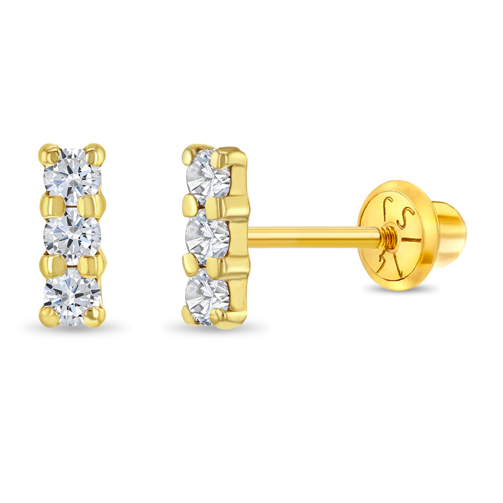 14k Gold Clear CZ Bar Toddler / Kids / Girls Earrings Safety Screw Back