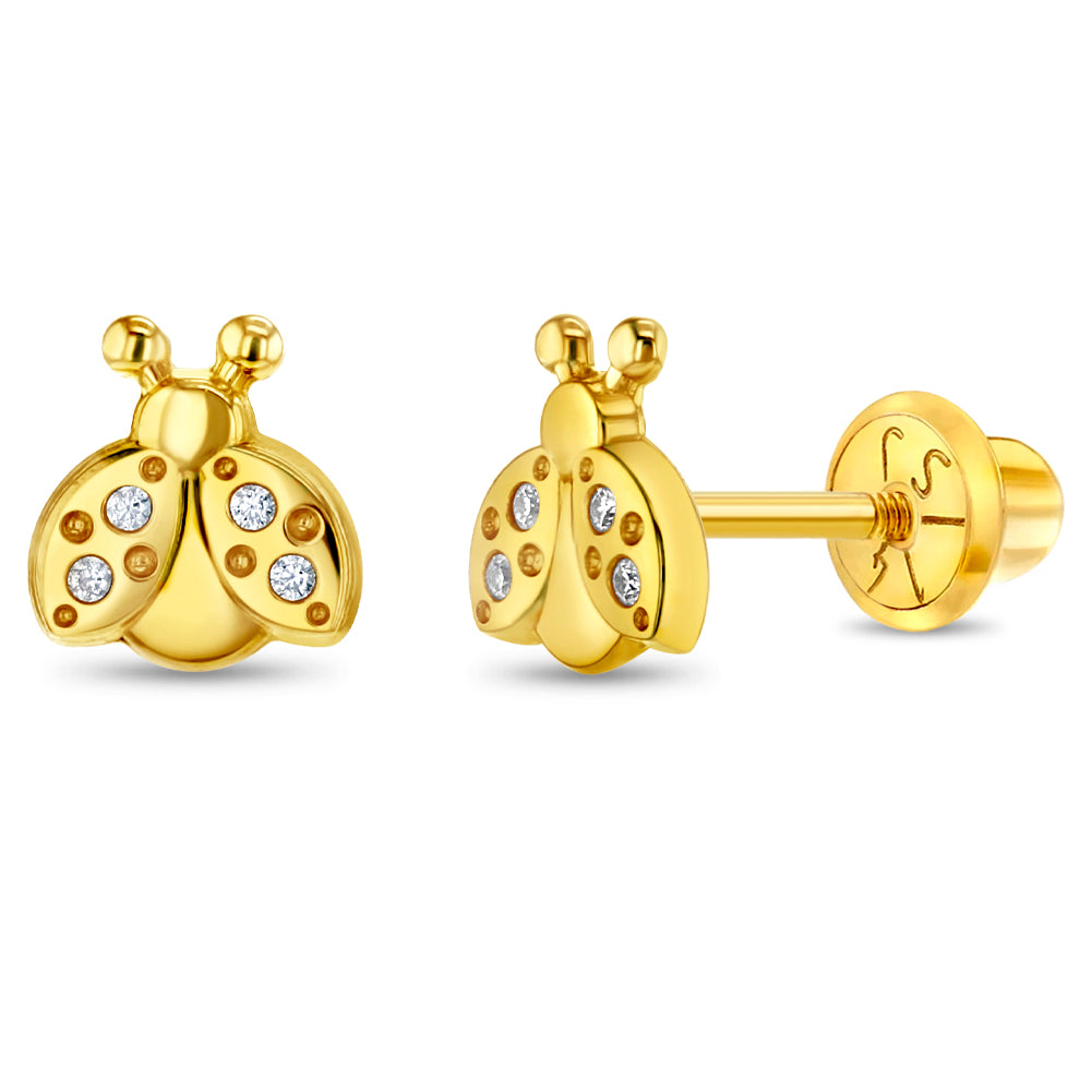 14k Gold Ladybug Clear CZ Kids / Children's / Girls Earrings Safety Screw Back