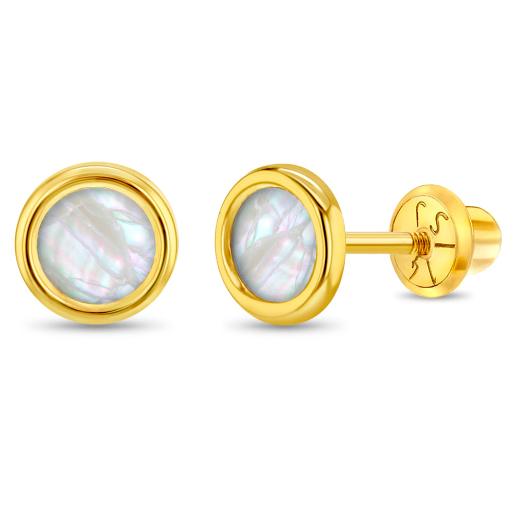 14k Gold Mother of Pearl Bezel Kids / Children's / Girls Earrings Safety Screw Back